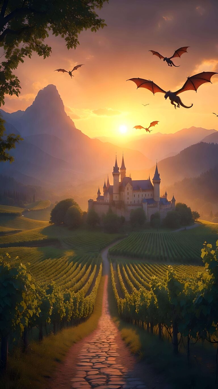 Dragons Over the Vineyard Keep Wallpaper
