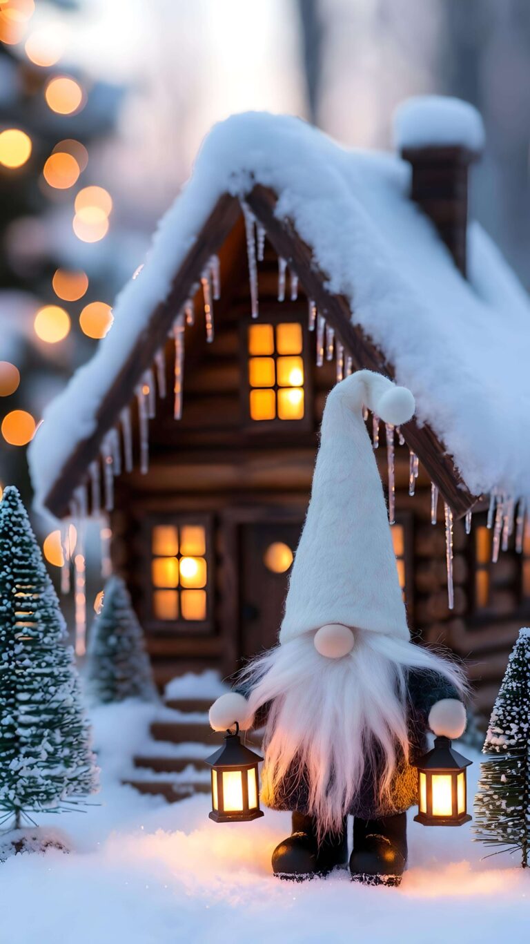 Gnome’s Lanterns by the Winter Cottage 2 Wallpaper