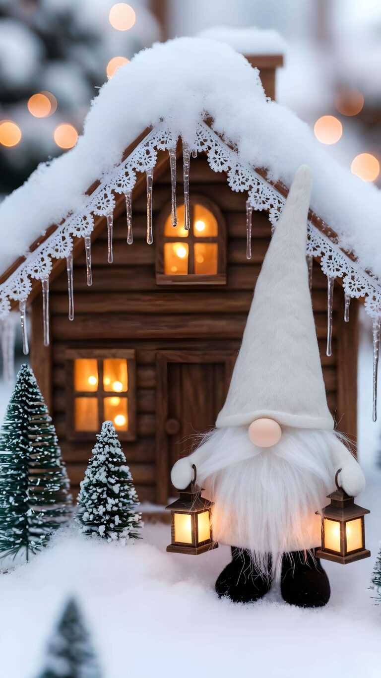 Gnome’s Lanterns by the Winter Cottage Wallpaper