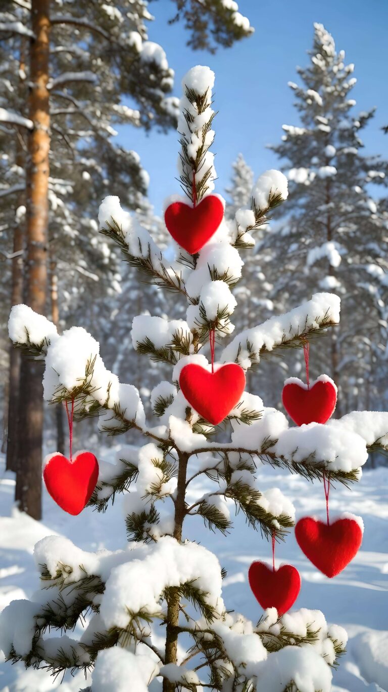 Hearts Hanging in Winter Pines 2 Wallpaper
