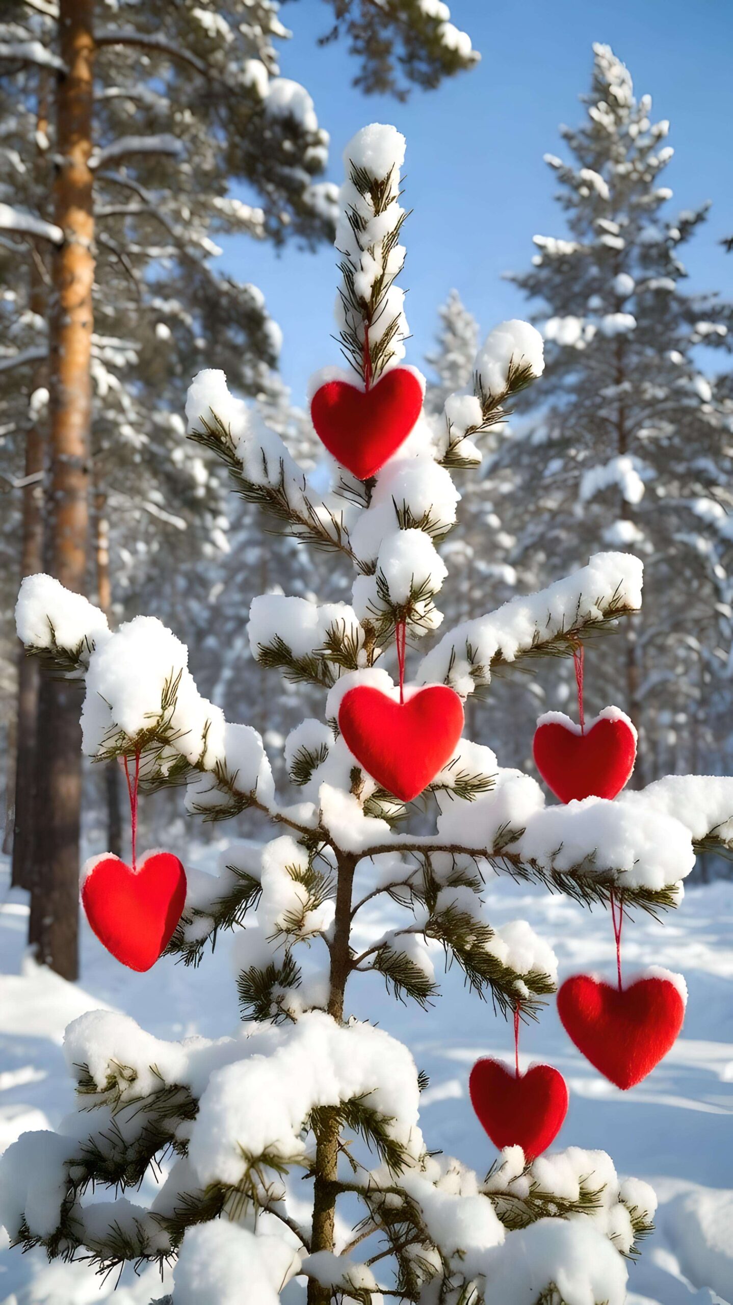 Hearts Hanging in Winter Pines 2 Wallpaper