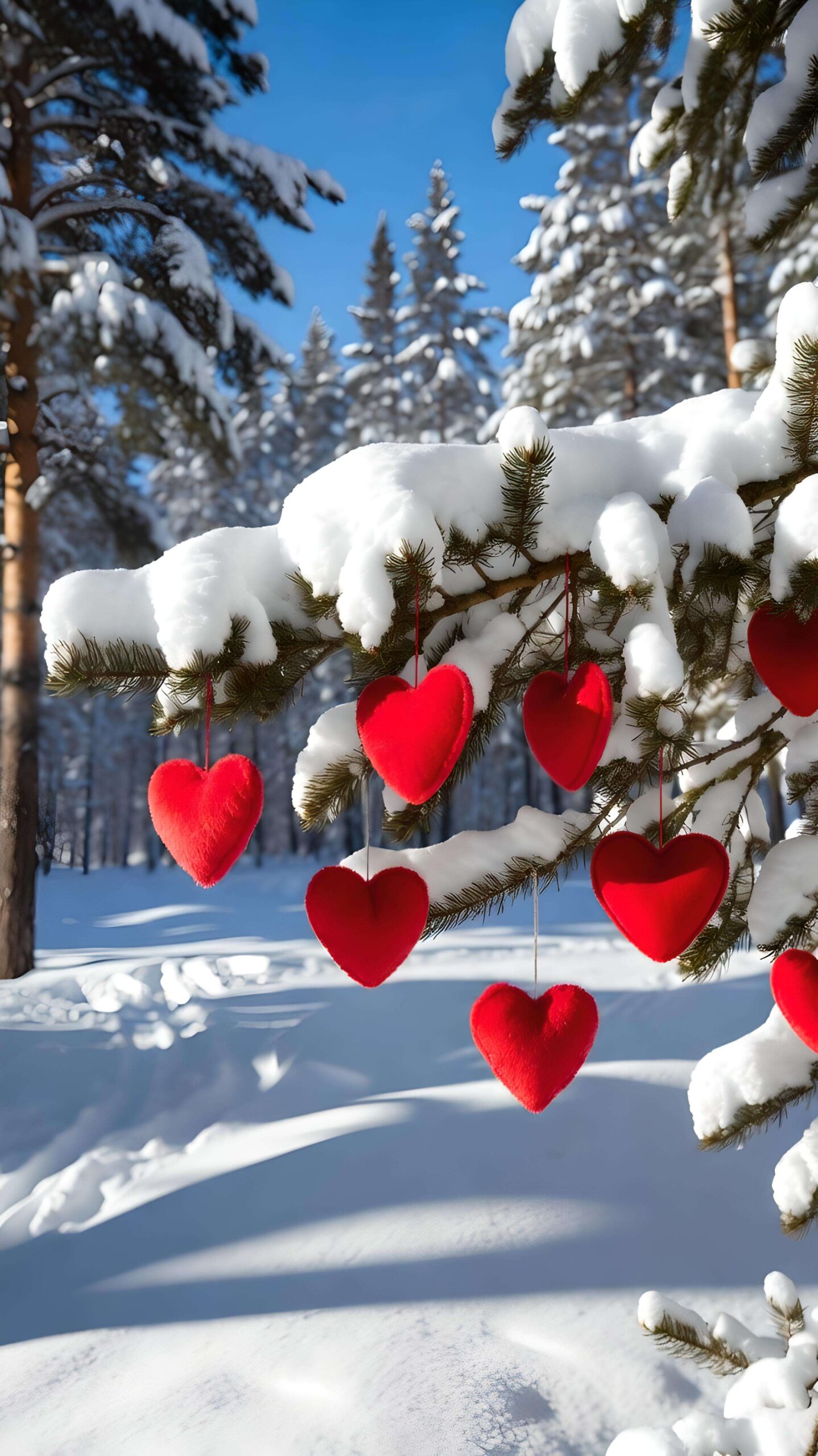 Hearts Hanging in Winter Pines Wallpaper
