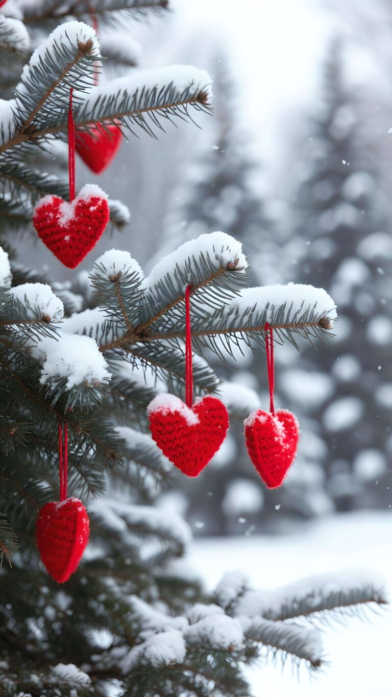 Knitted Hearts in Snowfall Pines Wallpaper