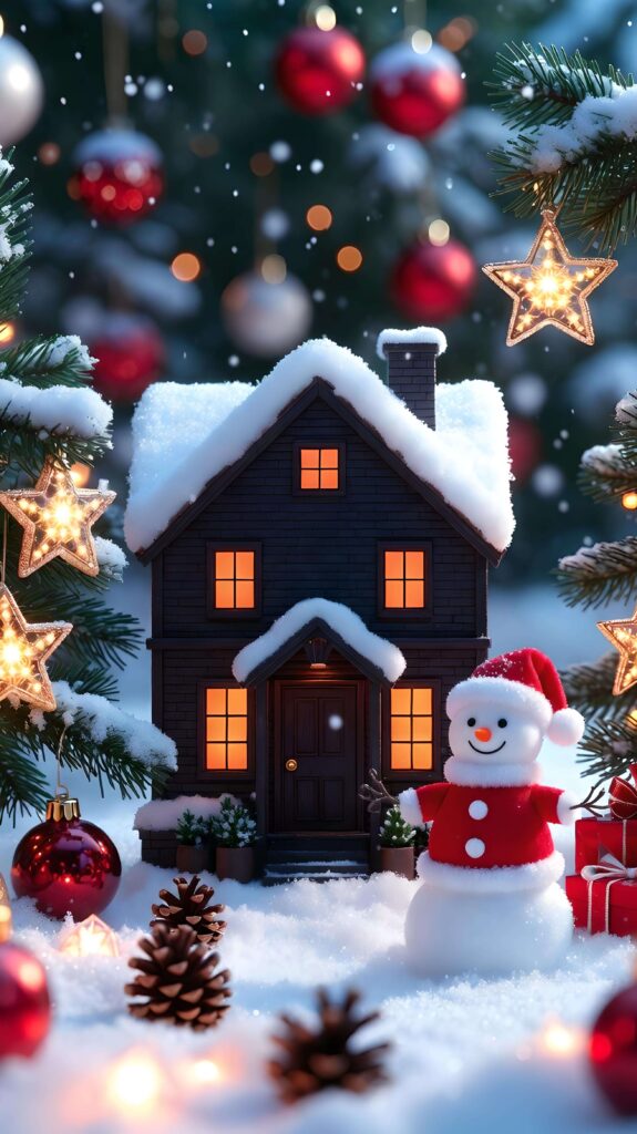 Santa Snowman at the Holiday Cottage Wallpaper