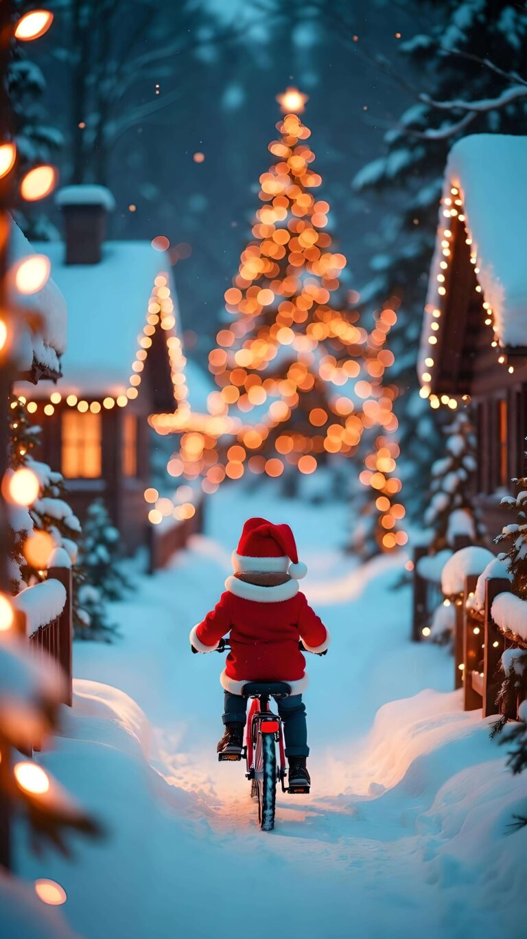 Santa’s Ride Through a Snowy Lane Wallpaper