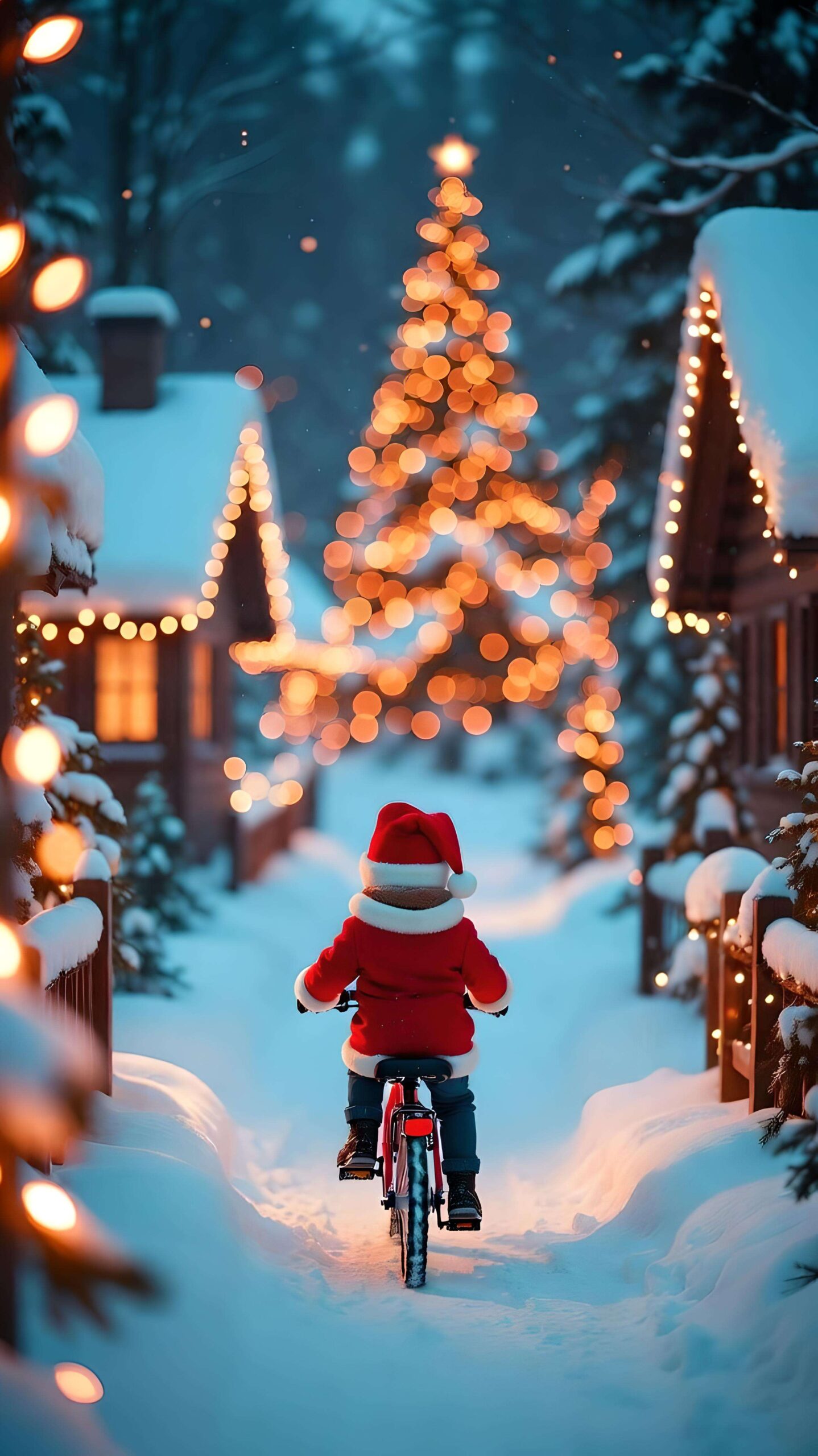 Santa’s Ride Through a Snowy Lane Wallpaper