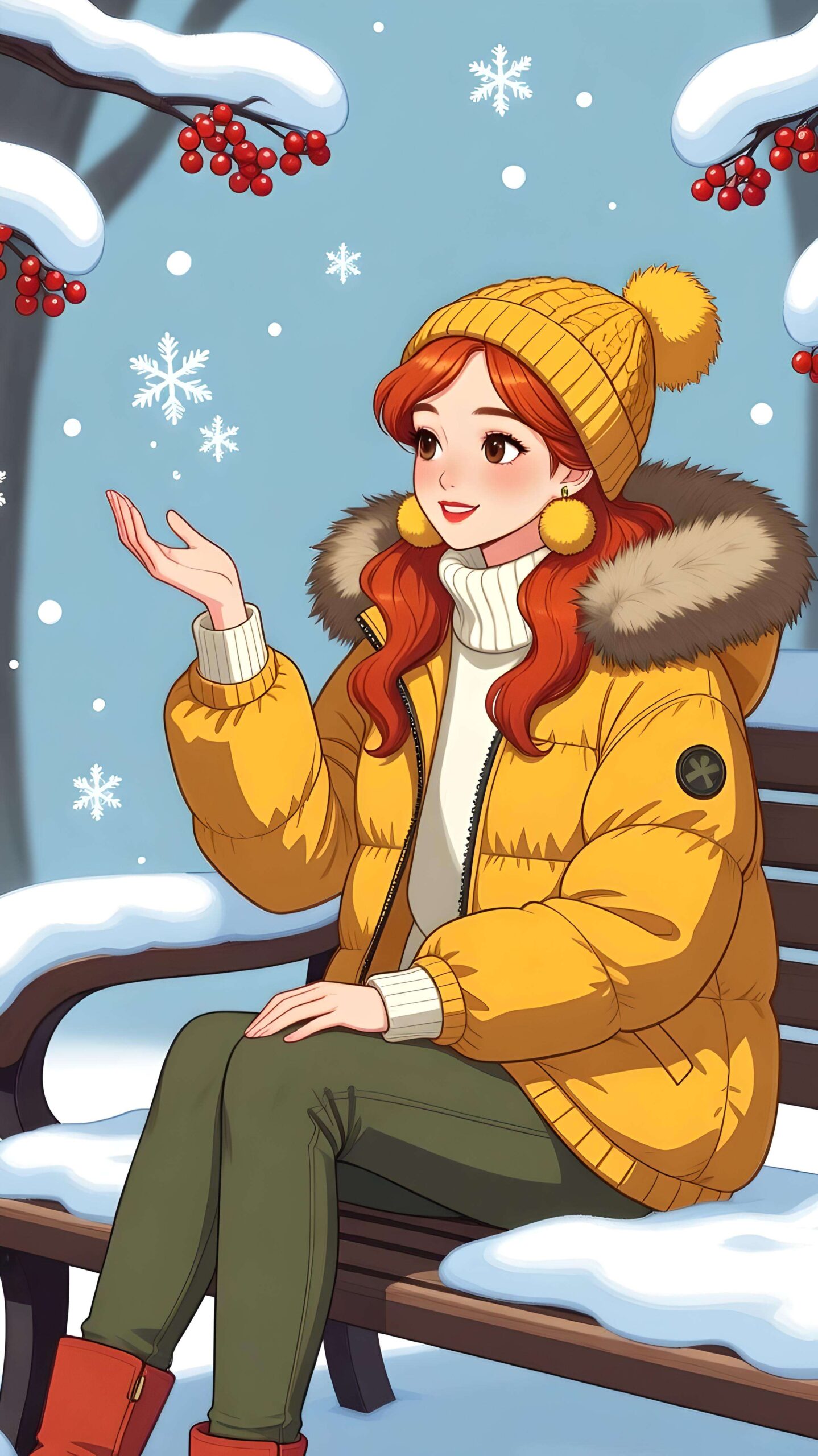 Winter Whimsy in Yellow and Red Wallpaper